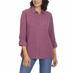 Anne Klein Mauve Purple Cotton Gauze Button Front Collared Roll-Tab Shirt Top XL